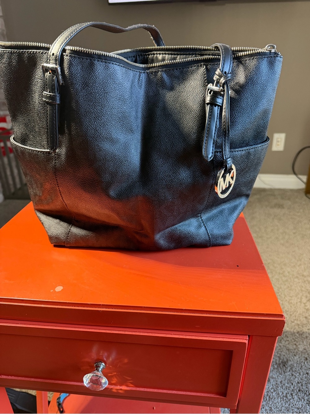 Michael Kors Black Leather Tote with MK Medallion